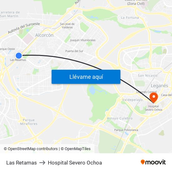 Las Retamas to Hospital Severo Ochoa map