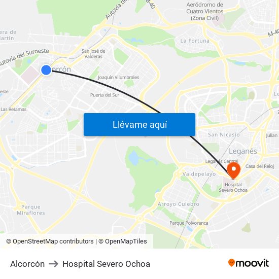 Alcorcón to Hospital Severo Ochoa map