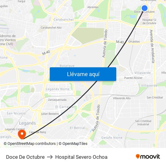 Doce De Octubre to Hospital Severo Ochoa map