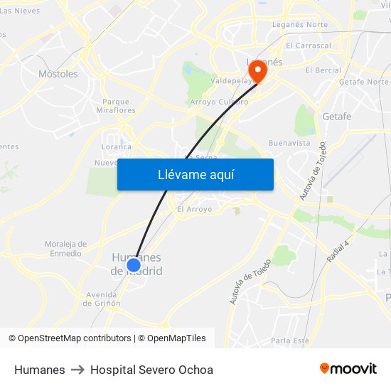 Humanes to Hospital Severo Ochoa map