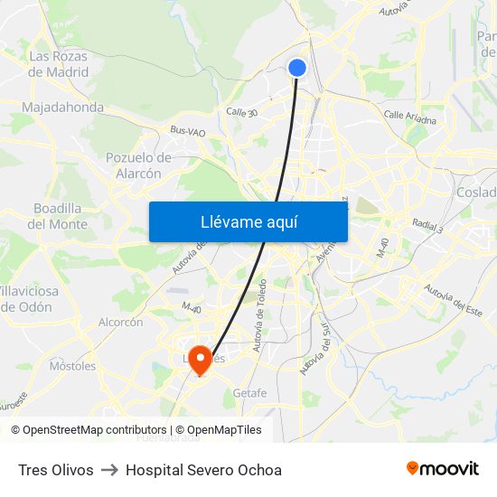 Tres Olivos to Hospital Severo Ochoa map