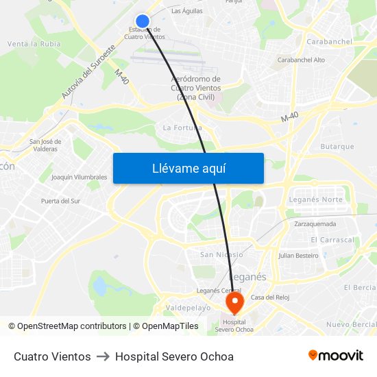 Cuatro Vientos to Hospital Severo Ochoa map