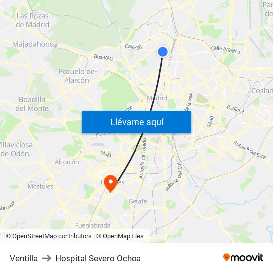 Ventilla to Hospital Severo Ochoa map