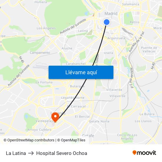 La Latina to Hospital Severo Ochoa map