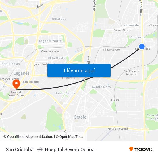 San Cristóbal to Hospital Severo Ochoa map