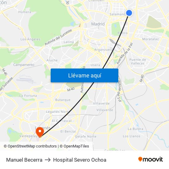 Manuel Becerra to Hospital Severo Ochoa map