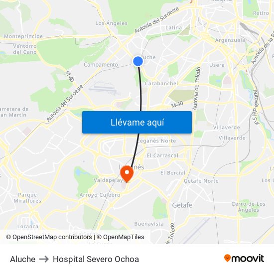 Aluche to Hospital Severo Ochoa map