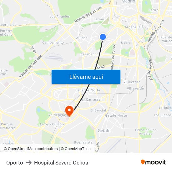 Oporto to Hospital Severo Ochoa map
