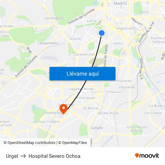 Urgel to Hospital Severo Ochoa map