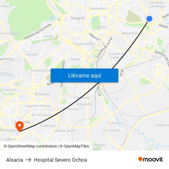 Alsacia to Hospital Severo Ochoa map