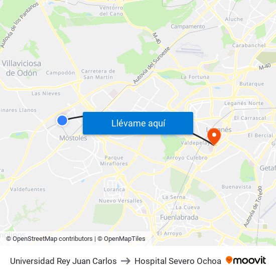 Universidad Rey Juan Carlos to Hospital Severo Ochoa map