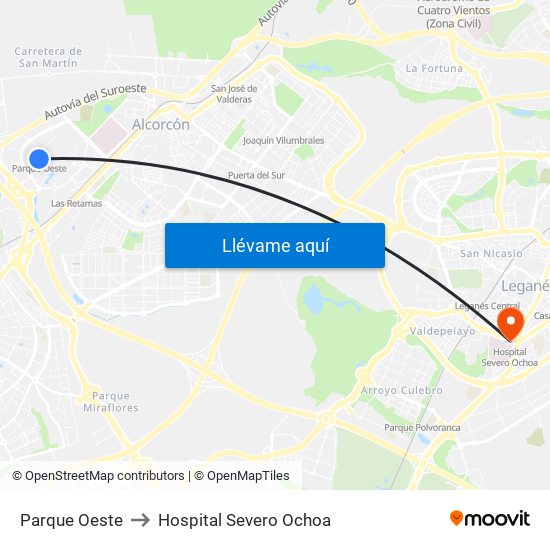 Parque Oeste to Hospital Severo Ochoa map