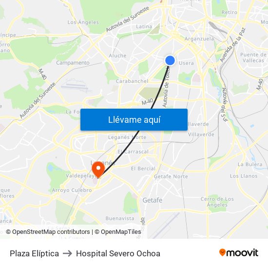 Plaza Elíptica to Hospital Severo Ochoa map