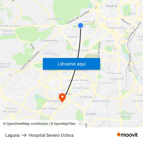 Laguna to Hospital Severo Ochoa map