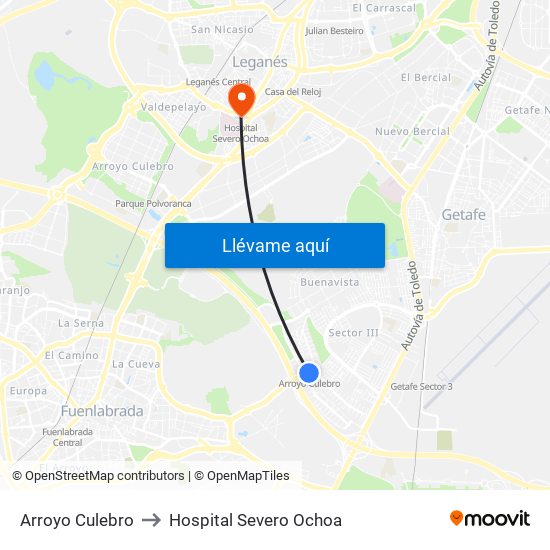 Arroyo Culebro to Hospital Severo Ochoa map