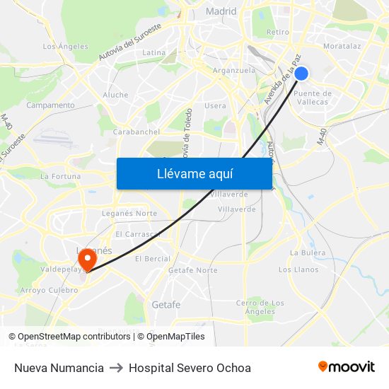Nueva Numancia to Hospital Severo Ochoa map