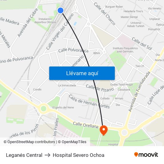 Leganés Central to Hospital Severo Ochoa map
