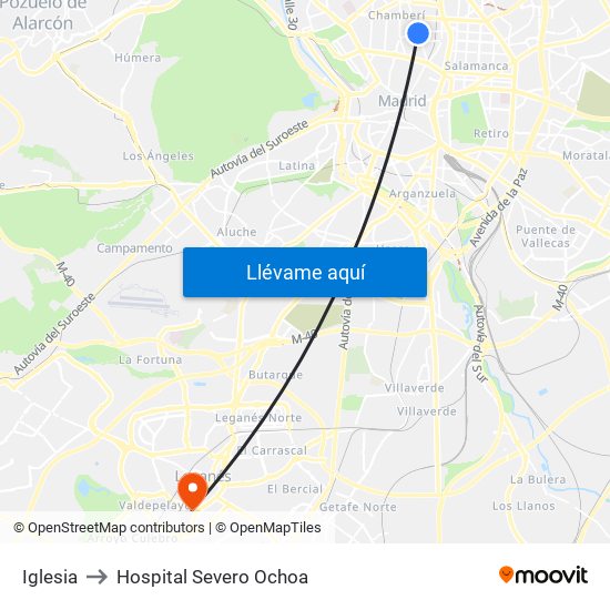 Iglesia to Hospital Severo Ochoa map