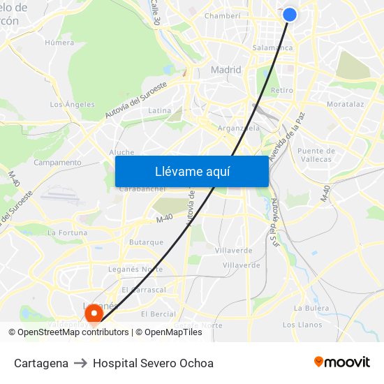 Cartagena to Hospital Severo Ochoa map