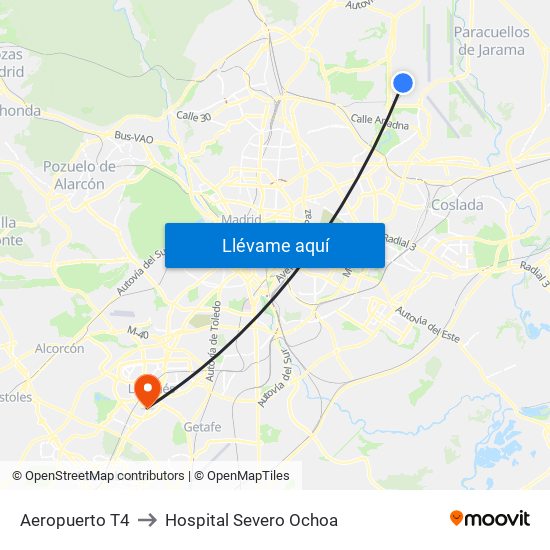 Aeropuerto T4 to Hospital Severo Ochoa map