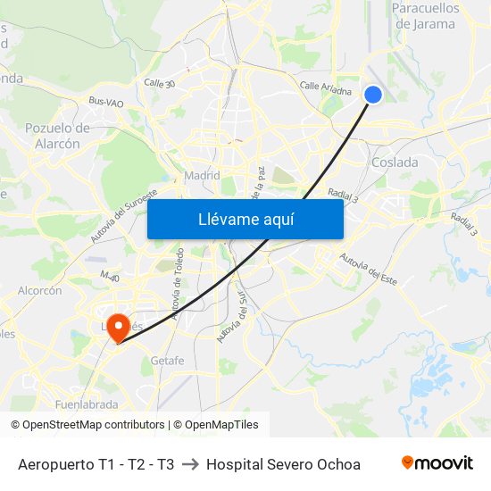 Aeropuerto T1 - T2 - T3 to Hospital Severo Ochoa map
