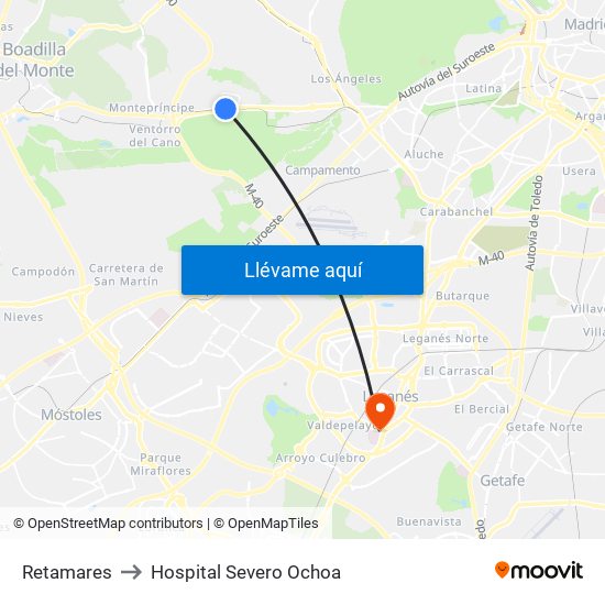 Retamares to Hospital Severo Ochoa map
