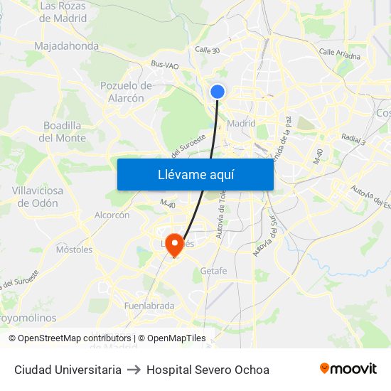 Ciudad Universitaria to Hospital Severo Ochoa map