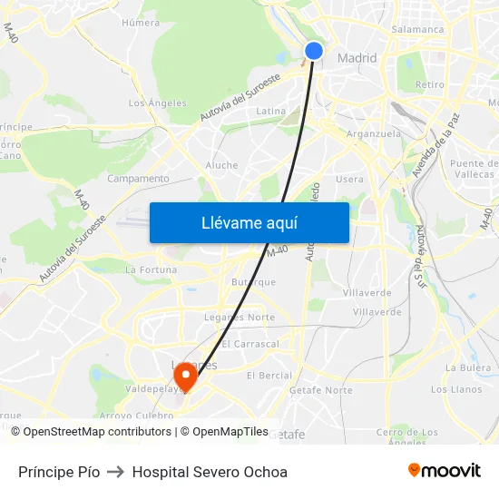 Príncipe Pío to Hospital Severo Ochoa map