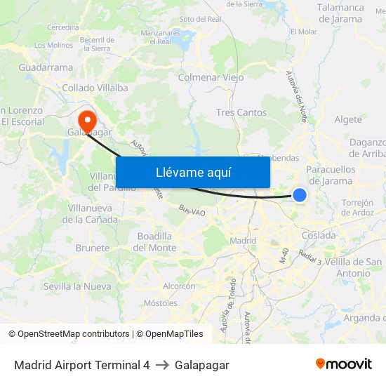 Madrid Airport Terminal 4 to Galapagar map
