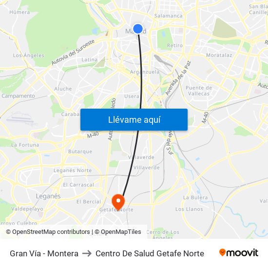Gran Vía - Montera to Centro De Salud Getafe Norte map