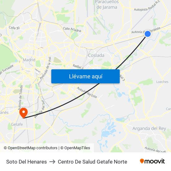 Soto Del Henares to Centro De Salud Getafe Norte map