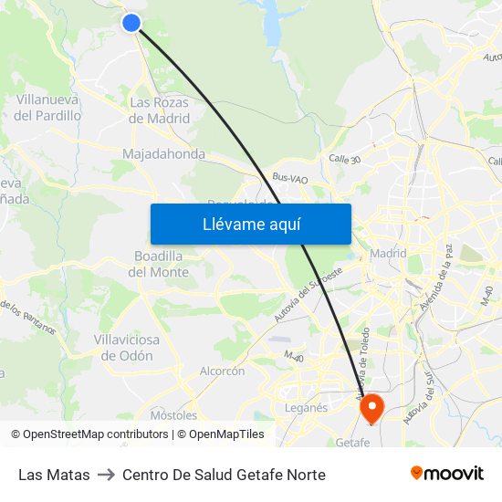 Las Matas to Centro De Salud Getafe Norte map