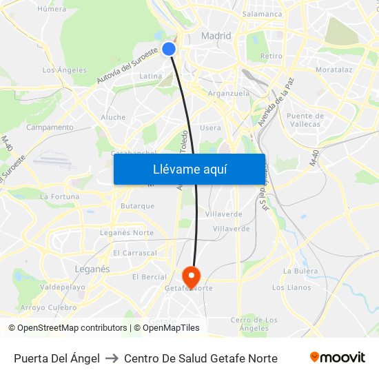 Puerta Del Ángel to Centro De Salud Getafe Norte map
