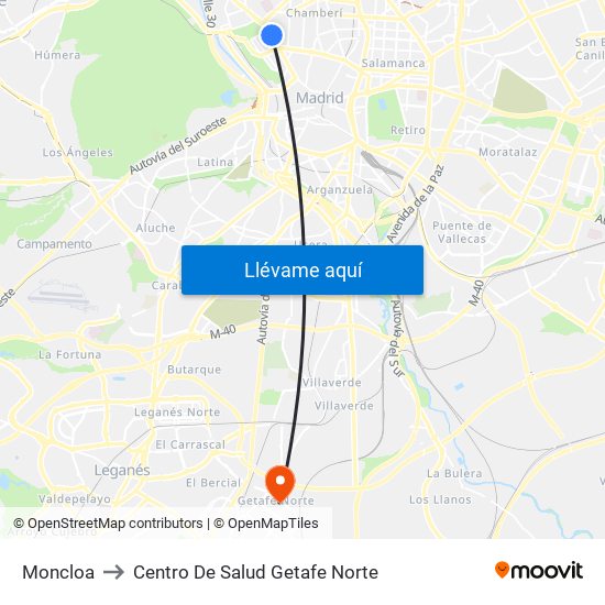 Moncloa to Centro De Salud Getafe Norte map