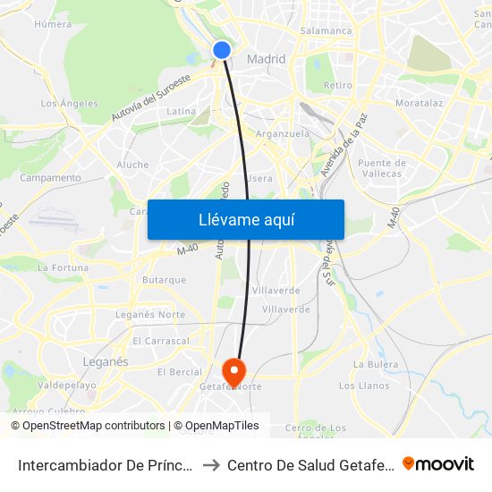 Intercambiador De Príncipe Pío to Centro De Salud Getafe Norte map