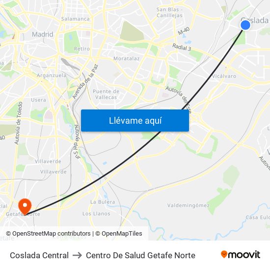 Coslada Central to Centro De Salud Getafe Norte map