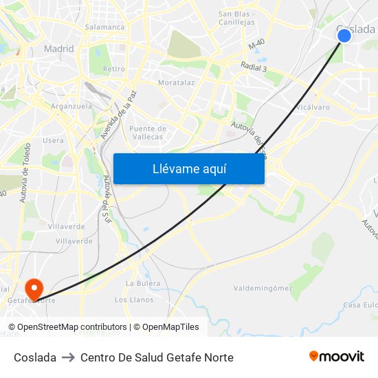 Coslada to Centro De Salud Getafe Norte map