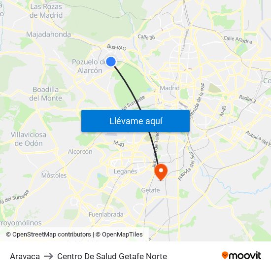 Aravaca to Centro De Salud Getafe Norte map