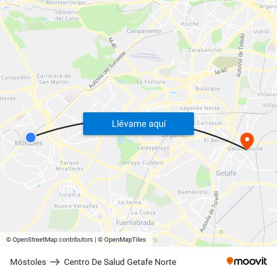 Móstoles to Centro De Salud Getafe Norte map