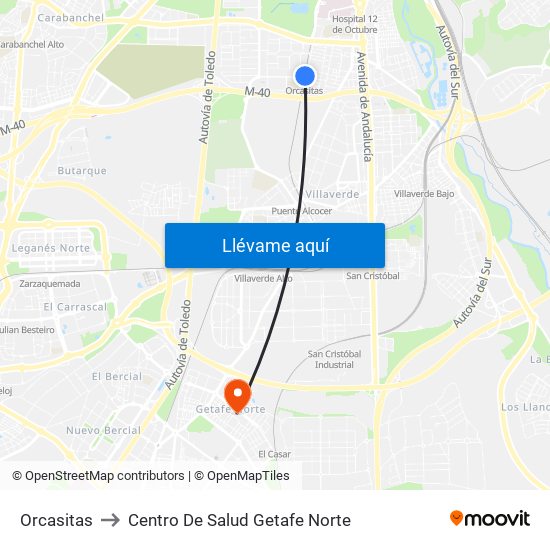 Orcasitas to Centro De Salud Getafe Norte map