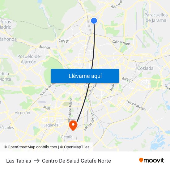 Las Tablas to Centro De Salud Getafe Norte map