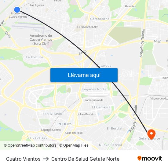 Cuatro Vientos to Centro De Salud Getafe Norte map