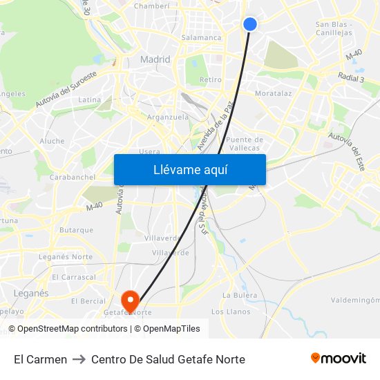 El Carmen to Centro De Salud Getafe Norte map