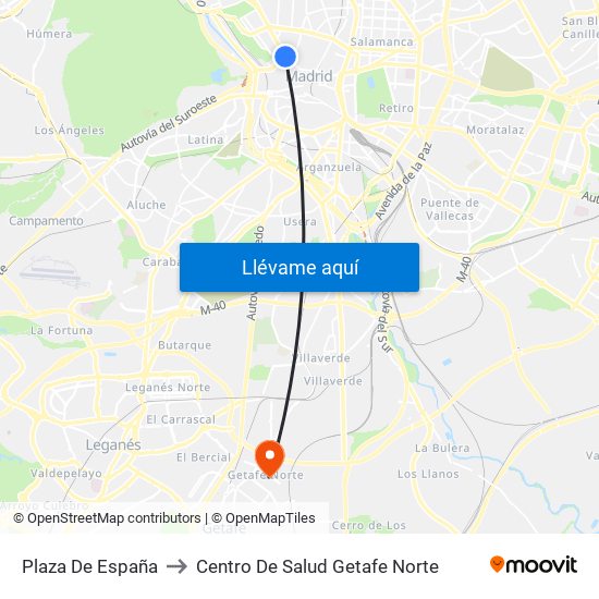 Plaza De España to Centro De Salud Getafe Norte map