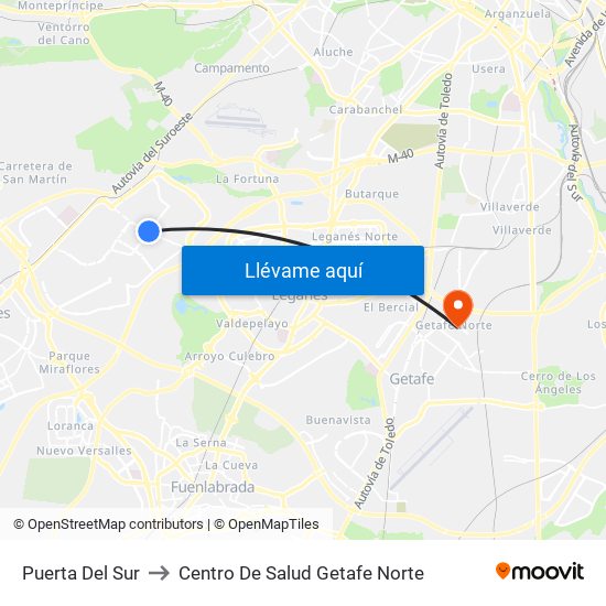 Puerta Del Sur to Centro De Salud Getafe Norte map