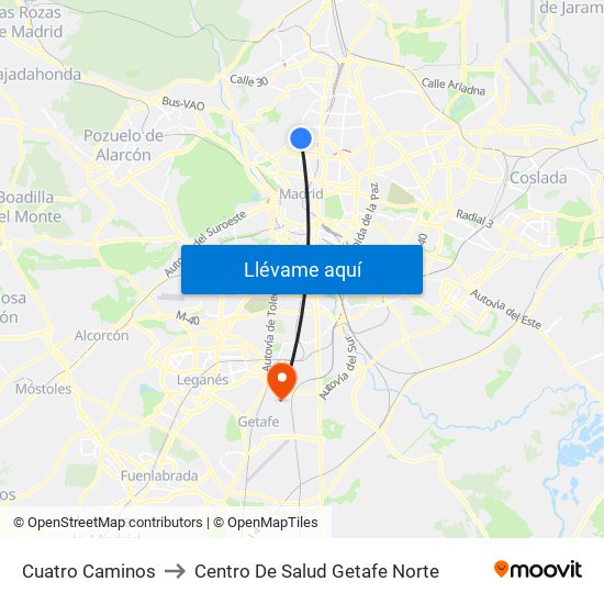 Cuatro Caminos to Centro De Salud Getafe Norte map