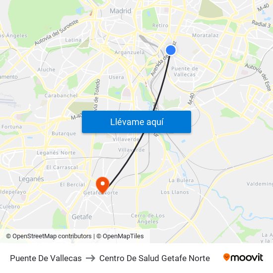 Puente De Vallecas to Centro De Salud Getafe Norte map