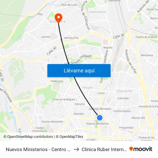 Nuevos Ministerios - Centro Comercial to Clínica Ruber Internacional map