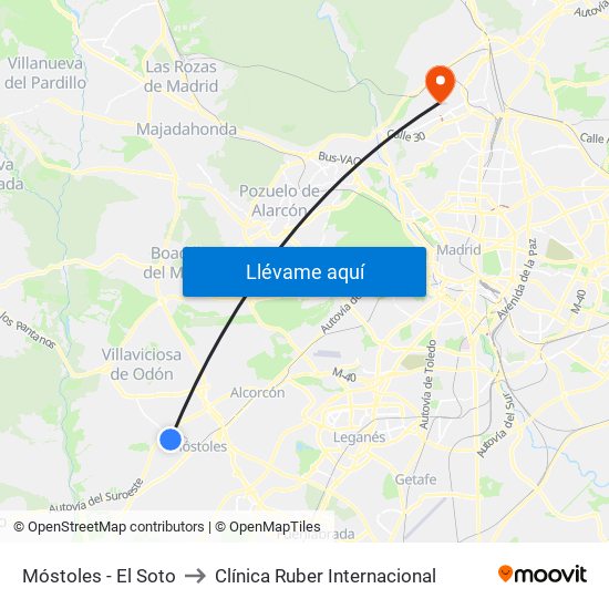 Móstoles - El Soto to Clínica Ruber Internacional map