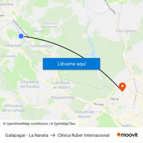 Galapagar - La Navata to Clínica Ruber Internacional map